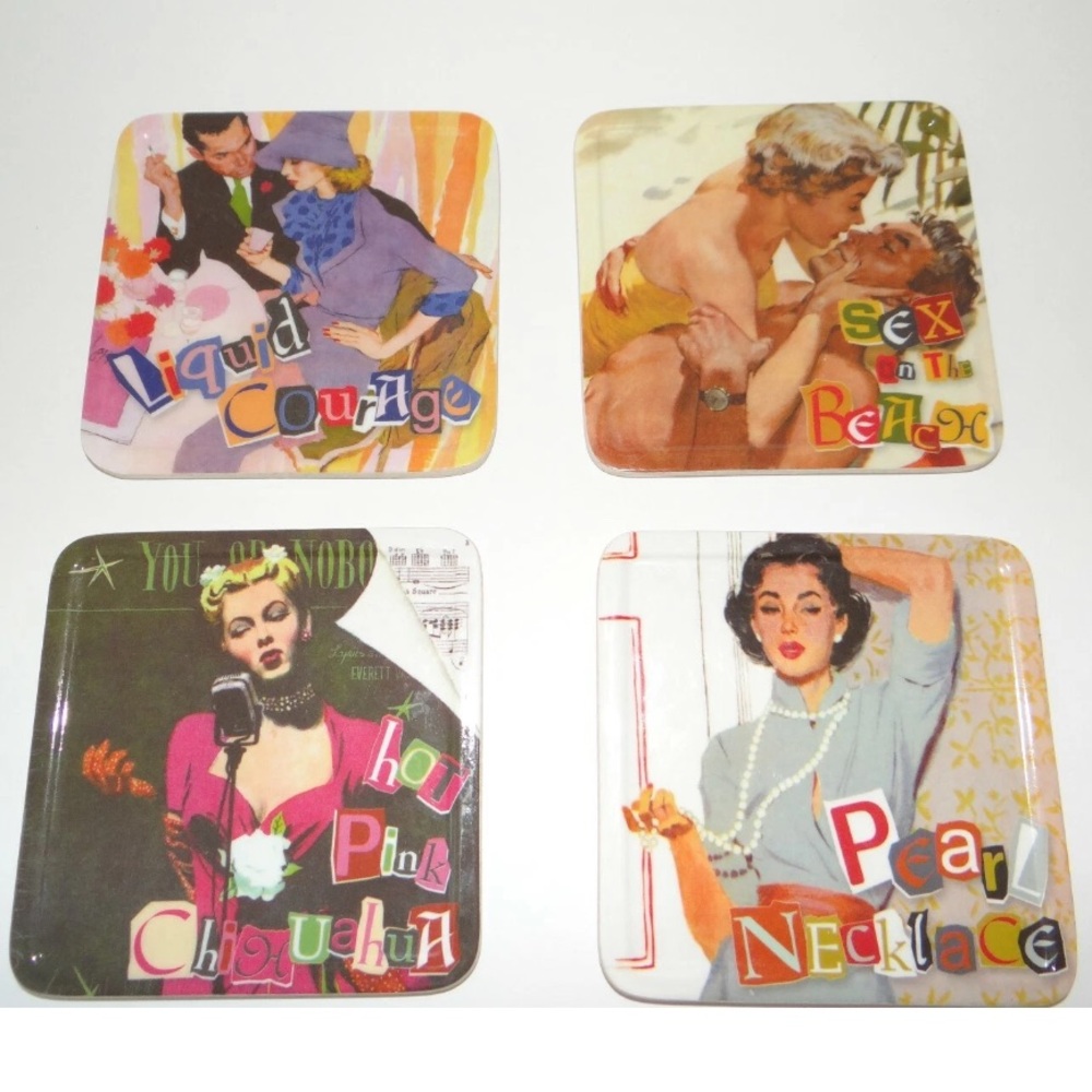 Retro Coasters Sexy Kitschy Fun Colorful Novelty Bar Drink Evergreen Earthaware